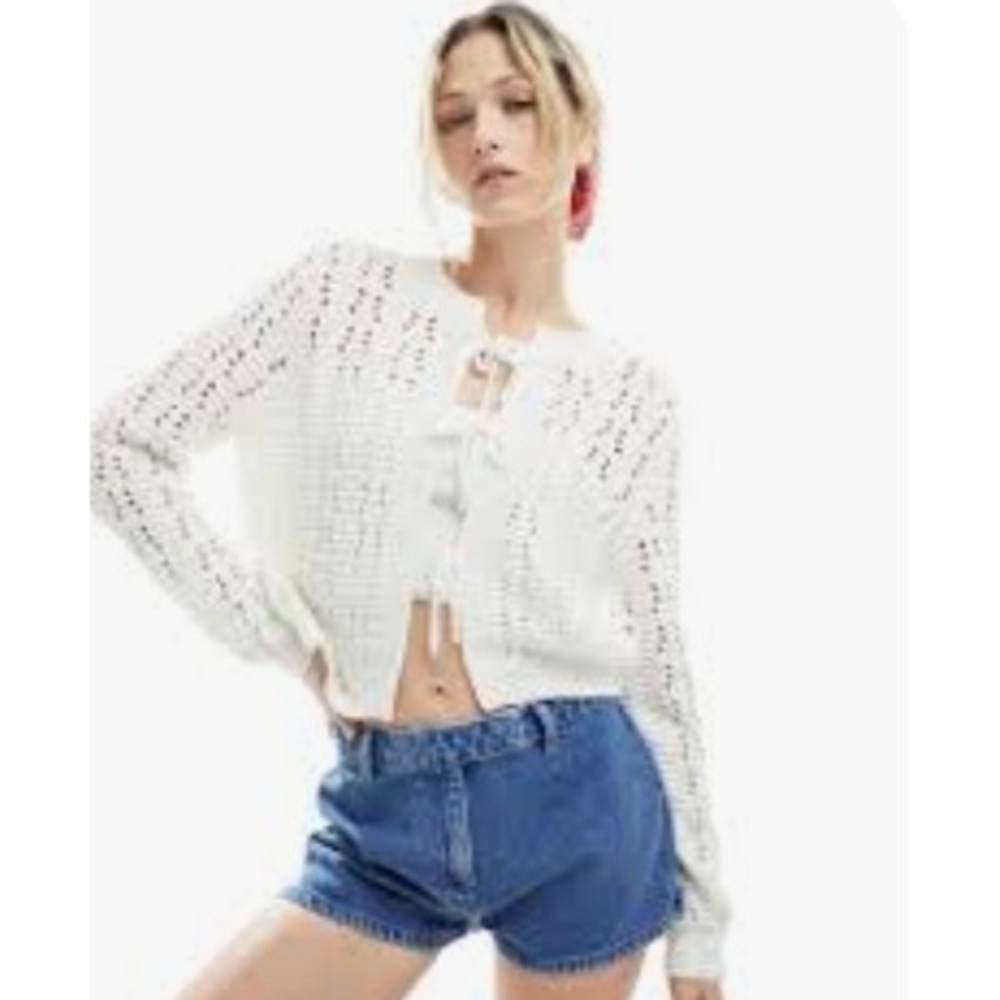 ASOS DESIGN Womens Cream Pointelle Knit Tie Front Cropped Cardigan Sweater Small